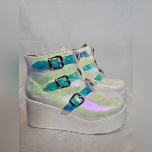 Lucky Step Holographic Platform Ankle Boots 8.5 Iridescent Buckle Festival Rave